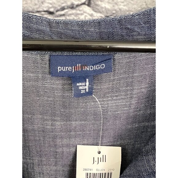 J. Jill Pure Jill Indigo 2X  Whipstitched Embroidered Dress Chambray Tencel Blue - Picture 7 of 11